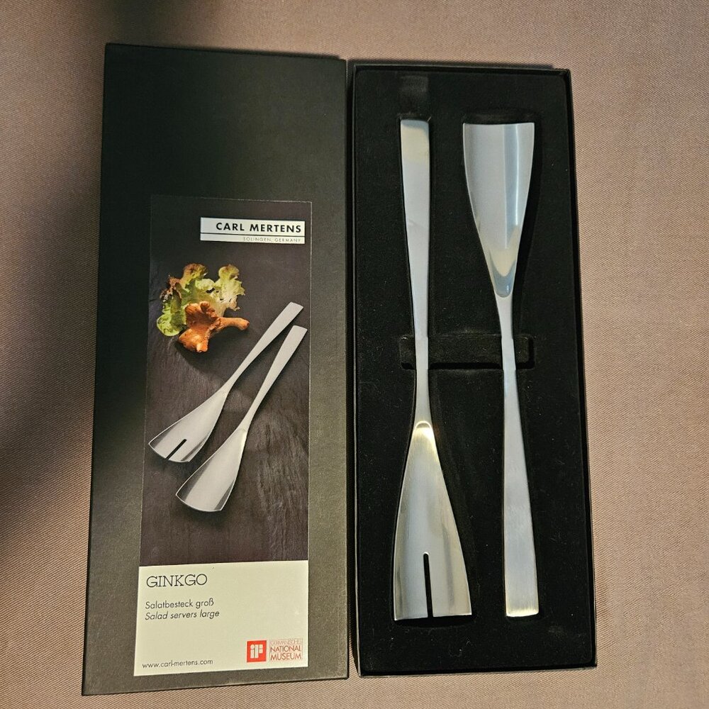 Carl Mertens Ginkgo Salad Server Set (Fork Spoon) Silver Stainless Steel MODERN